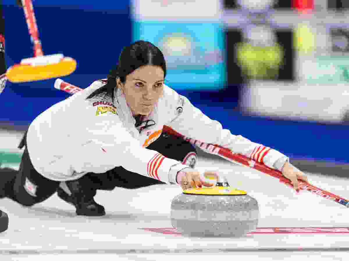 Team Canada skip Kerri Einarson throws in the opening round against Sweden in the BKT World Women's Curling championship at Winsport Calgary