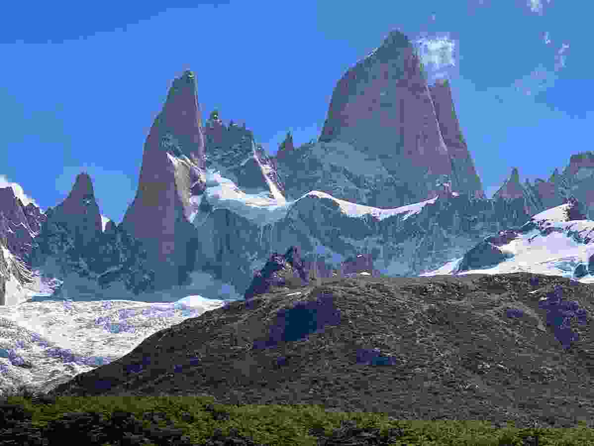 The granite spires of Mt Fitz Roy reach up to the sky.