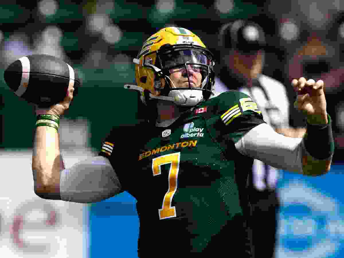 Edmonton Elks' quarterback Cody Fajardo (7) battles the Toronto Argonauts during CFL action at Commonwealth Stadium, in Edmonton Saturday August 15, 2026.