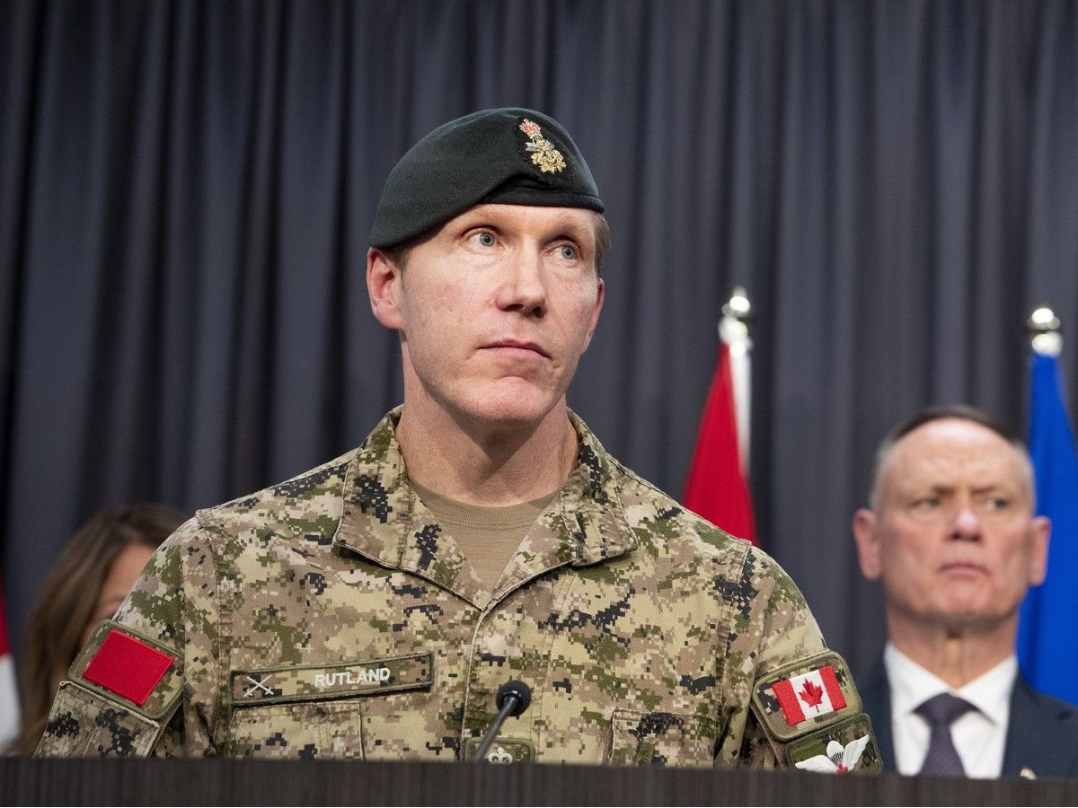 Maj.-General Wade Rutland, commander 1st Canadian Division, and National Defence Minister David J. McGuinty at a news conference regarding the tragic events at CFB Wainwright on Sunday, Oct. 18, 2026, in Edmonton.