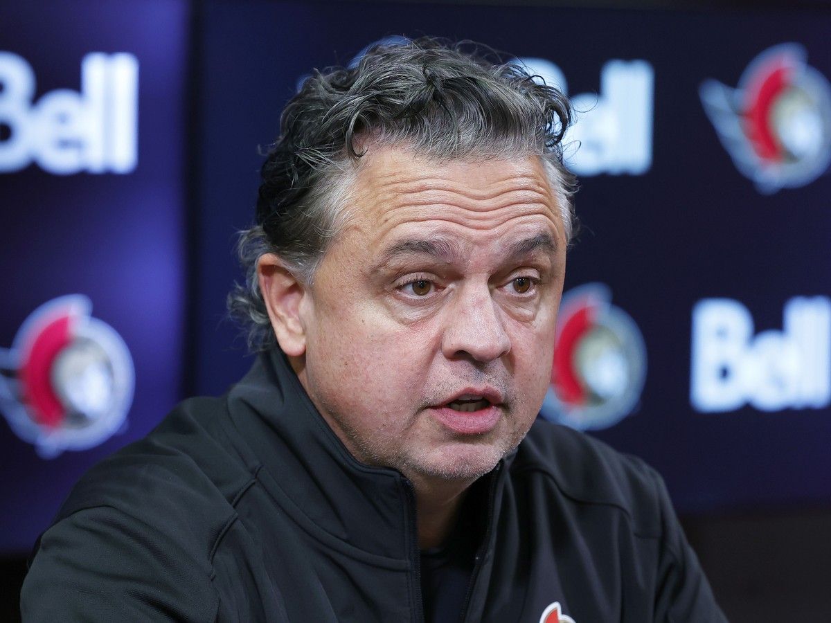 Ottawa Senators head coach Travis Green speaks to the media at the Canadian Tire Centre in Ottawa Monday. Coach Green's contract was extended three years by the Senators on Monday.