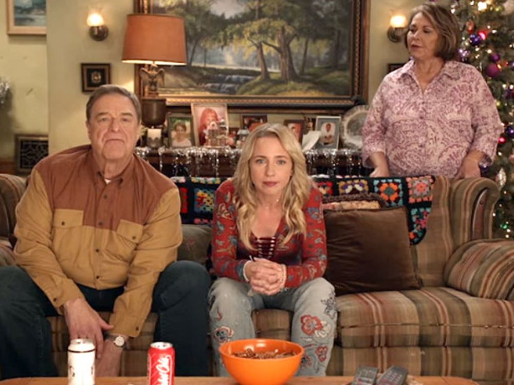 John Goodman, Lecy Goranson and Roseanne Barr in a scene from the upcoming reboot of Roseanne. 
