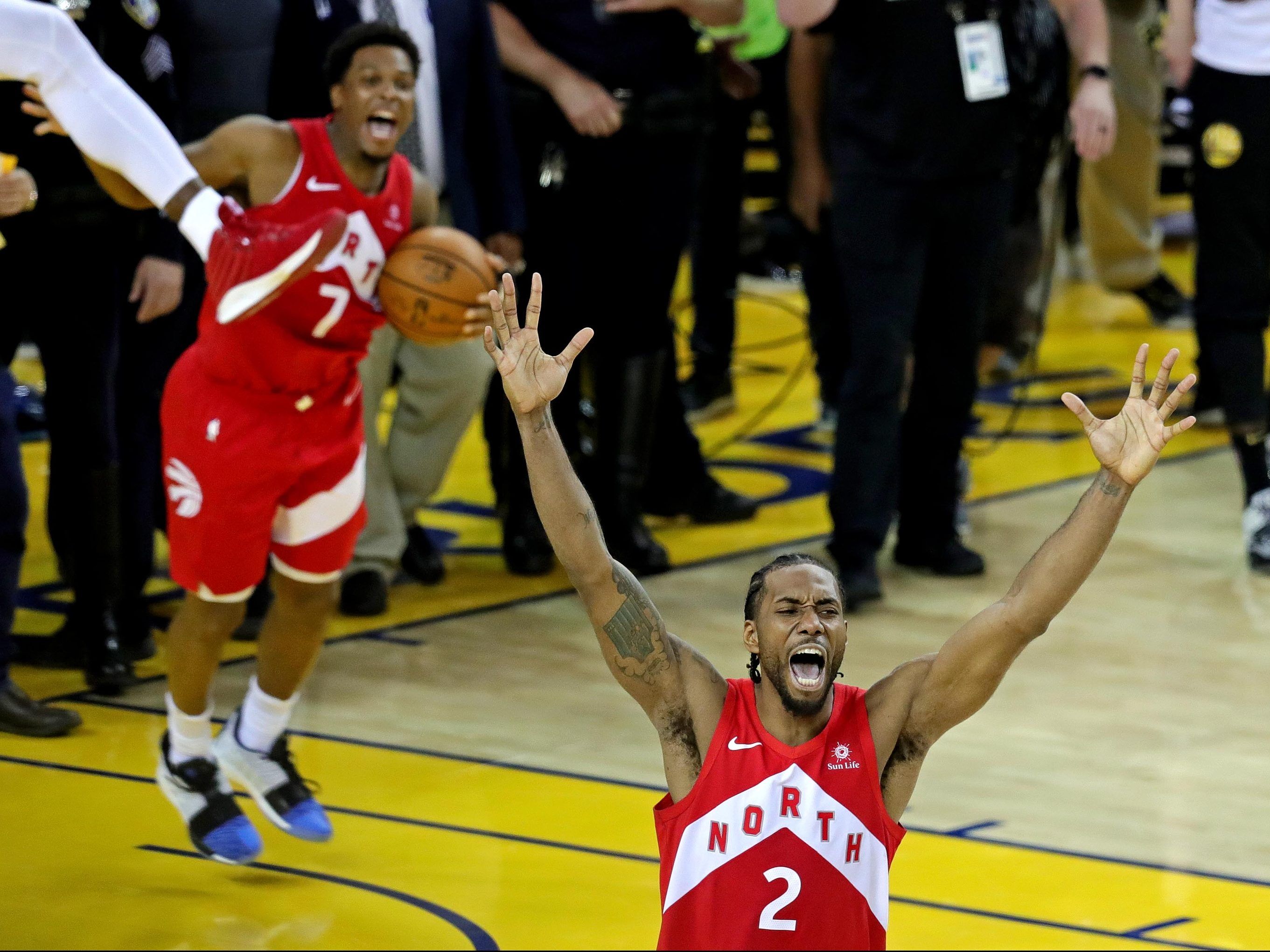 Kawhi Leonard (2) celebrates after the Raptors defeated the Golden State Warriors in Game 6 of the NBA Finals to win the championship series.