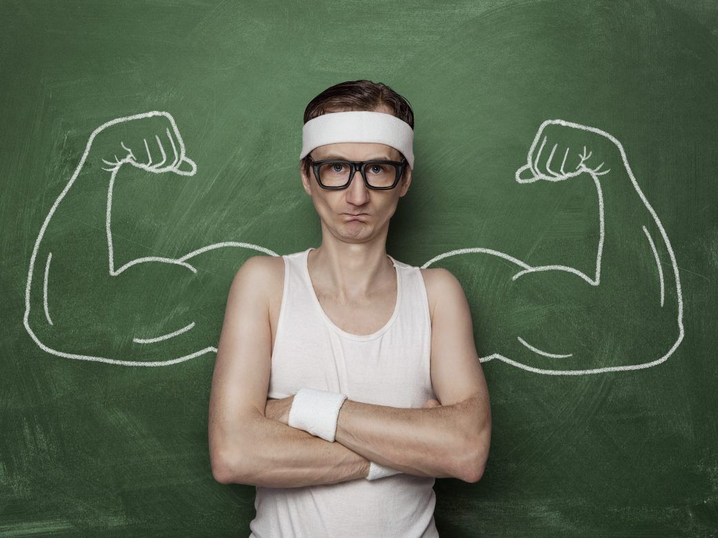 Stereotypical "nerd" with fake muscles.
