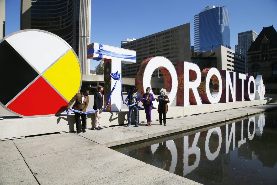 The new permanent Toronto sign is seen outside city hall on Friday, September 18, 2020.