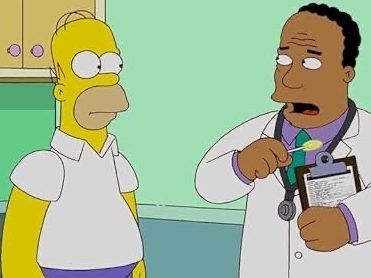 Springfield physician Dr. Hibbert and Homer Simpson appear in a scene from The Simpsons.