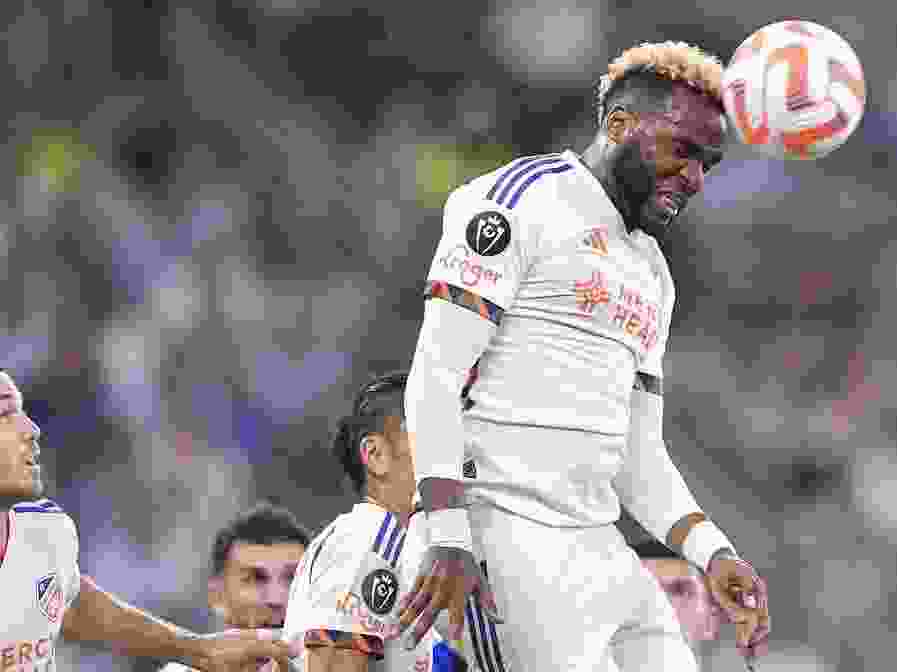 Aaron Boupendza of Cincinnati heads a corner during the round of 16 second leg match between Monterrey and Cincinnati as part of Concacaf Champions Cup 2024 at BBVA Stadium on March 14, 2024 in Monterrey, Mexico.