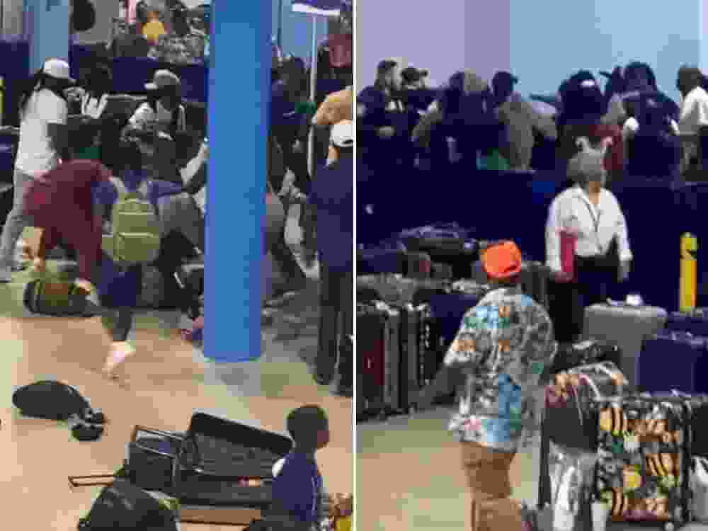 Images taken from video show a massive brawl after cruise ship were picking up their luggage in Galveston, Texas, Saturday, April 26, 2025.