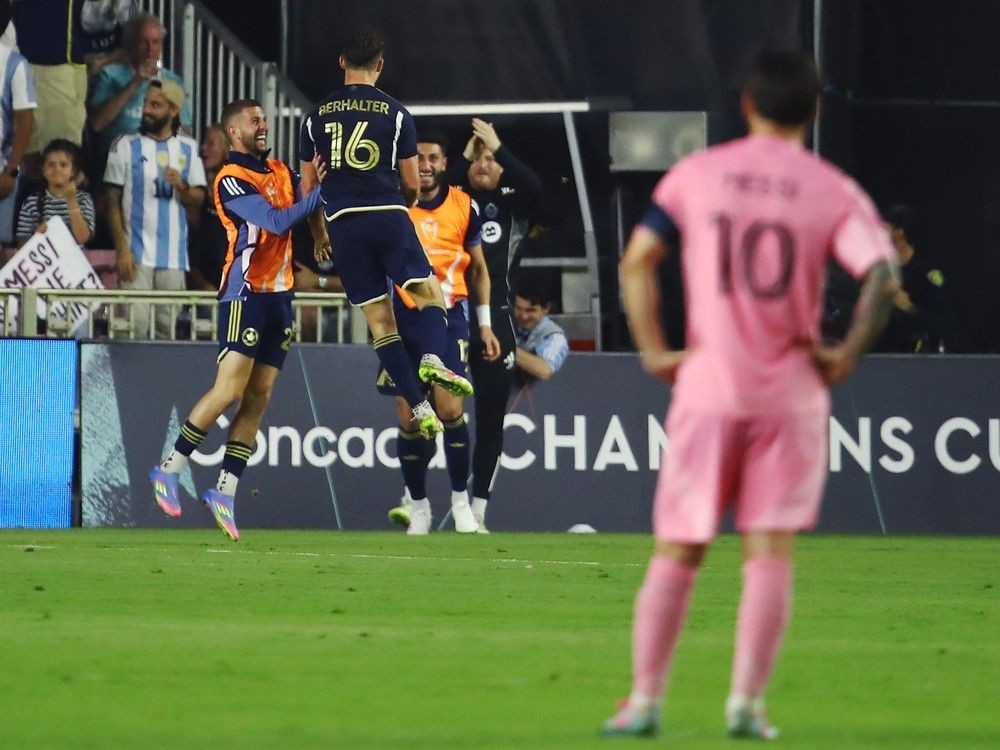 FORT LAUDERDALE, FLORIDA - APRIL 30: Sebastian Berhalter #16 of the Vancouver Whitecaps FC celebrates after scoring the team's third goal during the CONCACAF Champions Cup Semi-final Second Leg match between Inter Miami CF and Vancouver Whitecaps at Chase Stadium on April 30, 2025 in Fort Lauderdale, Florida.