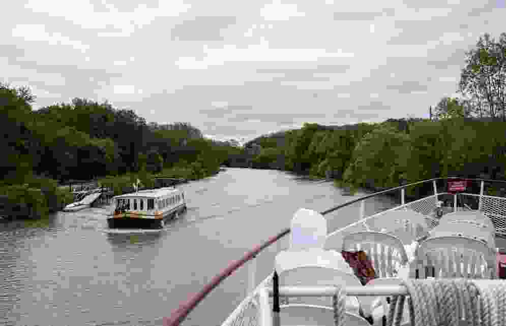A view from the Colonial Belle as it travels east on the Erie Canal in Pittsford, New York, this month. The canal connects Buffalo in western New York to Albany, the capital, in the east.
