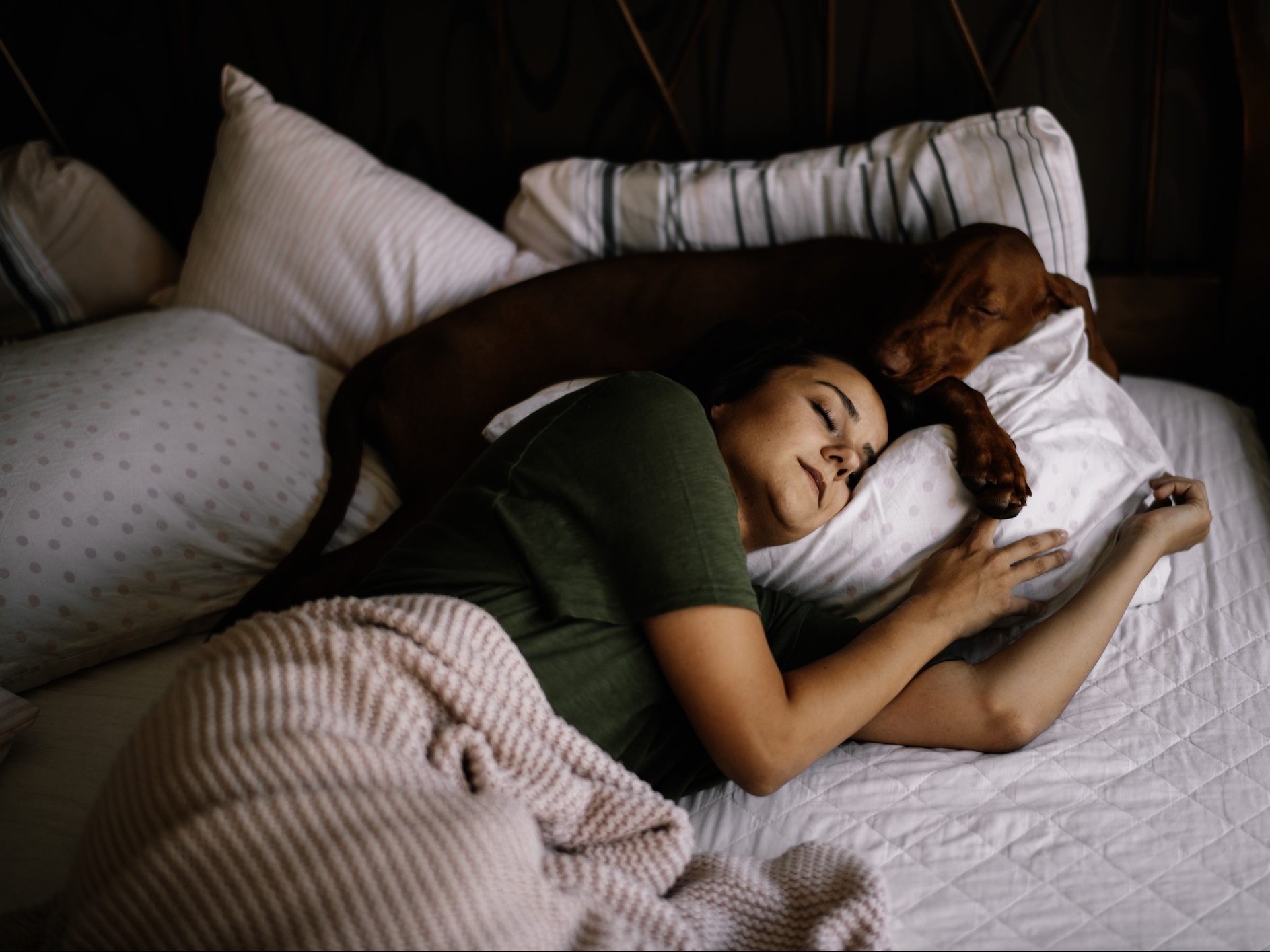 A woman and her dog sleeping in bed.
