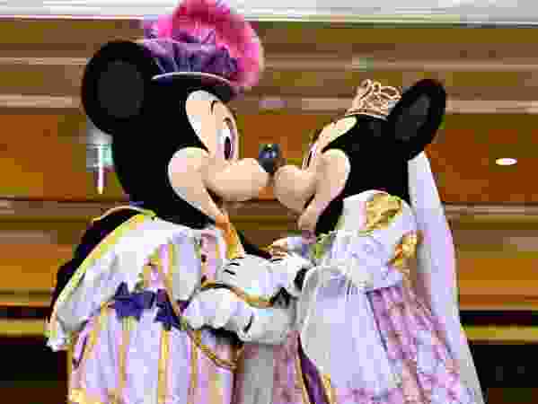 Disney characters Mickey Mouse and Minnie Mouse perform in the Royal Ball&nbsp;lobby during the Disneyland Hotel reopening celebration at Disneyland Paris on February 03, 2024 in Paris, France.