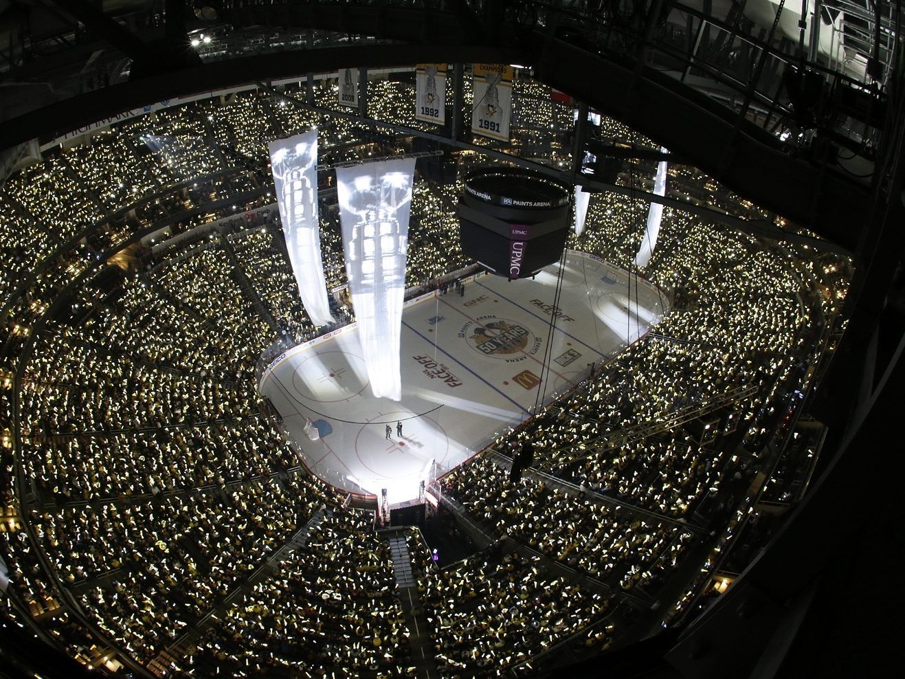 A general view of PPG Paints Arena before the 2016 Stanley Cup championship banner is raised to the rafters against the Washington Capitals on Oct. 13, 2016, in Pittsburgh, Pa. A fan at a Pittsburgh Penguins game was reportedly rushed to a hospital after falling from the PPG Paints Arena upper concourse on Monday, Oct. 27, 2025.