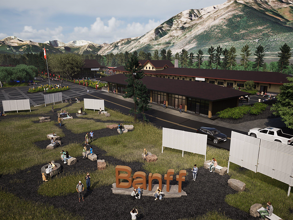 A rendering of the new location of Banff's welcome sign at the Banff Train Station.