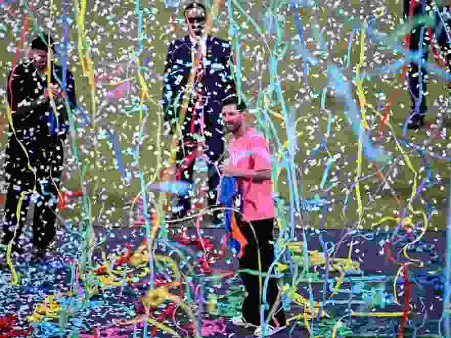 Lionel Messi (C) at the Arun Jaitley Stadium in New Delhi with his Inter Miami teammates Luis Suarez and Rodrigo de Paul, are part of a so-called GOAT Tour of a cricket-crazy nation.