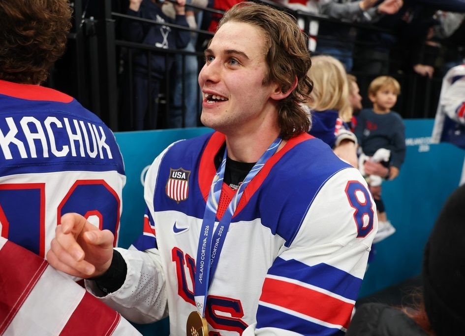 Gold medalist Jack Hughes of Team USA celebrates following the men's Gold Medal match between Canada and the U.S. on day 16 of the Milano Cortina 2026 Winter Olympic games on Feb. 22, 2026.