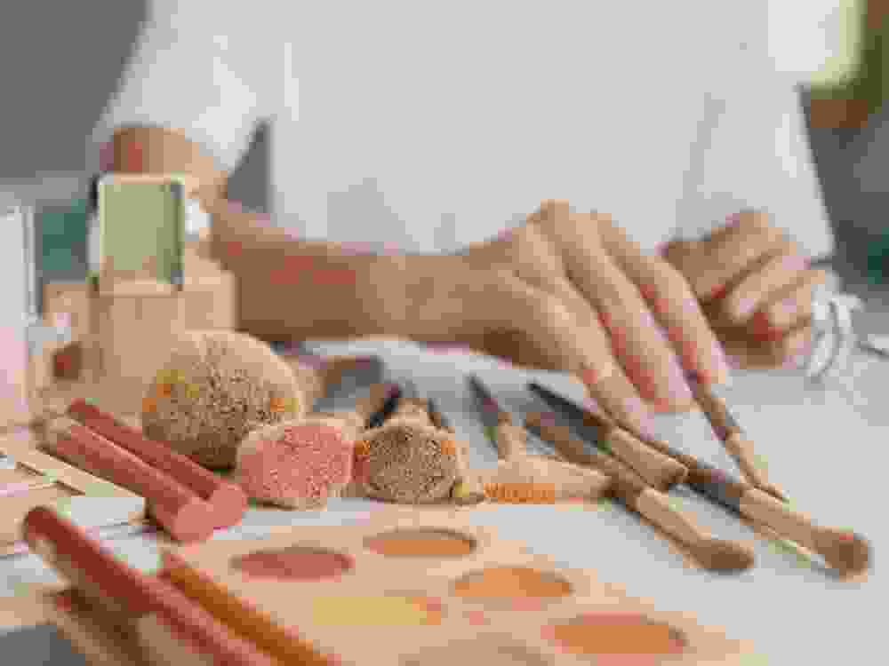 Close-up Cosmetic, Eye shadow palette, Lipstick, Foundation, Young Asian beauty girl collect makeup brush set. Lifestyle and people, Make up Natural look, Skin Care Cosmetics, Morning routine.