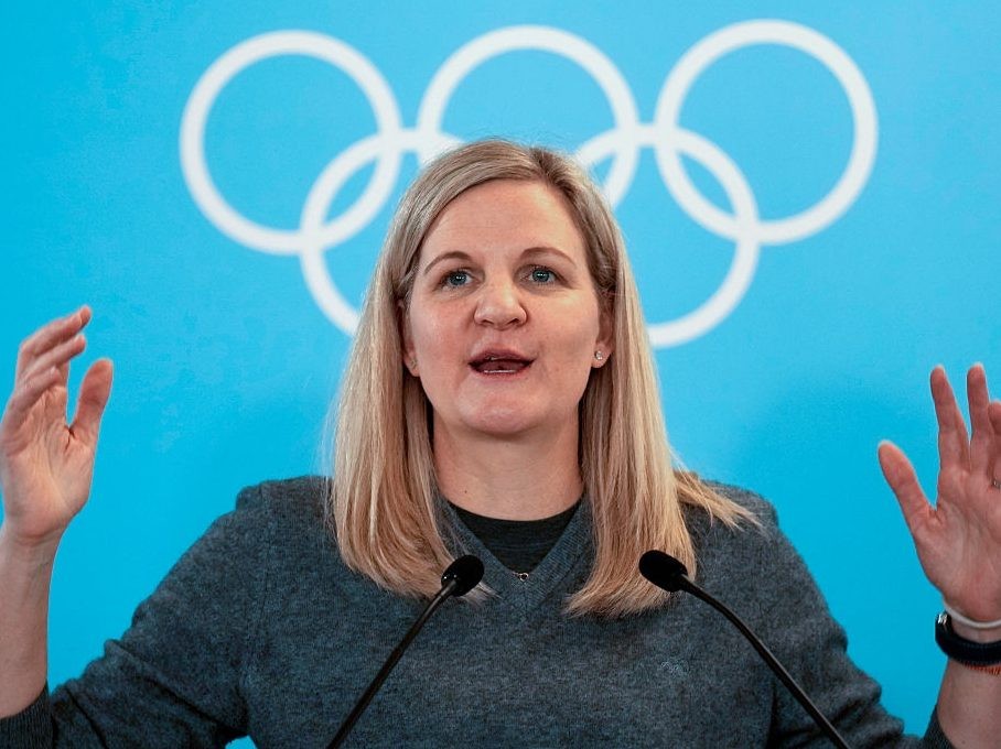 IOC President Kirsty Coventry gestures during the IOC session at the Milano Cortina 2026 Winter Olympic Games in Milan on February 22, 2026.