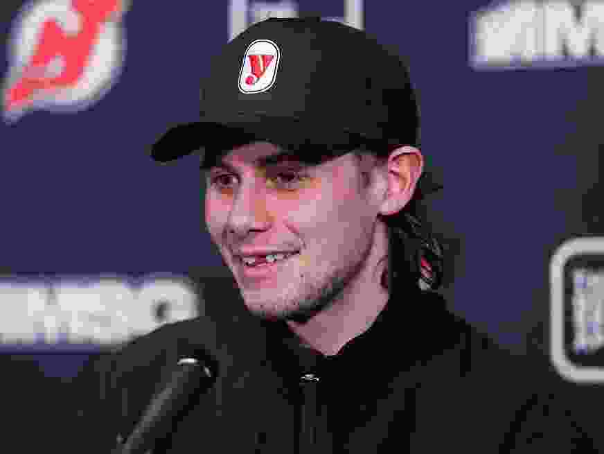 Jack Hughes #86 of the New Jersey Devils speaks at a press conference following the game against the Buffalo Sabres at Prudential Center on February 25, 2026 in Newark, New Jersey.