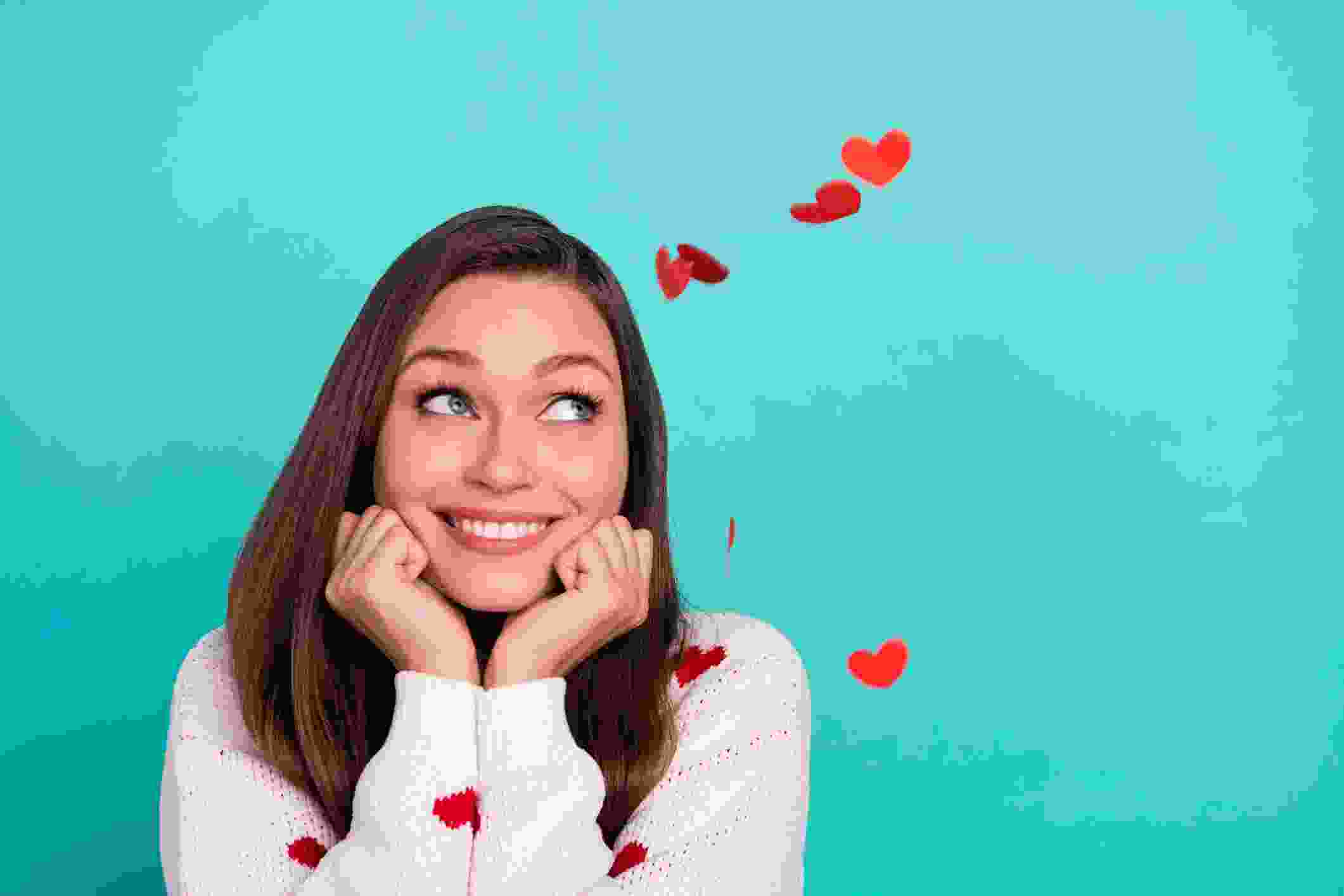 Photo of pretty minded person hands touch cheeks look empty space isolated on teal color background