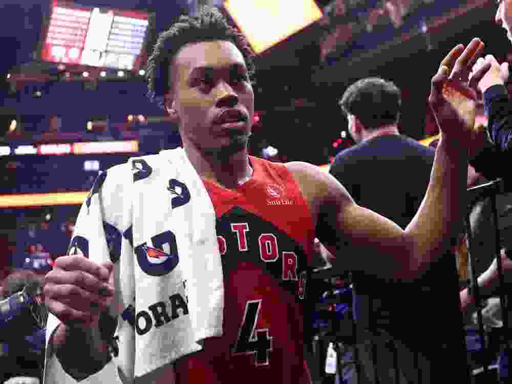 Scottie Barnes of the Toronto Raptors celebrates