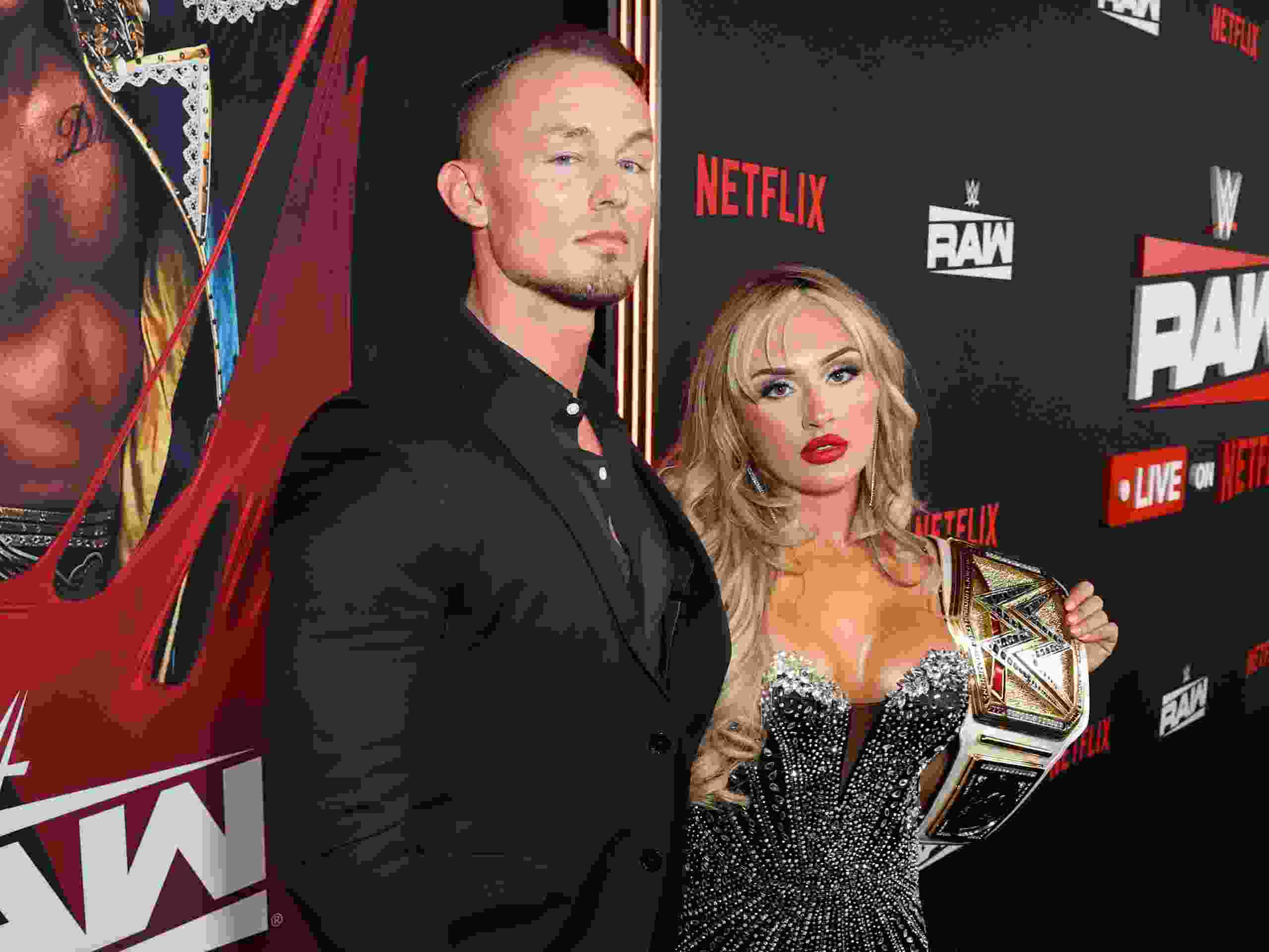 Ludwig Kaiser (left) and Tiffany Stratton attend Netflix's Debut of WWE Monday Night Raw at Intuit Dome on Jan. 6, 2025.