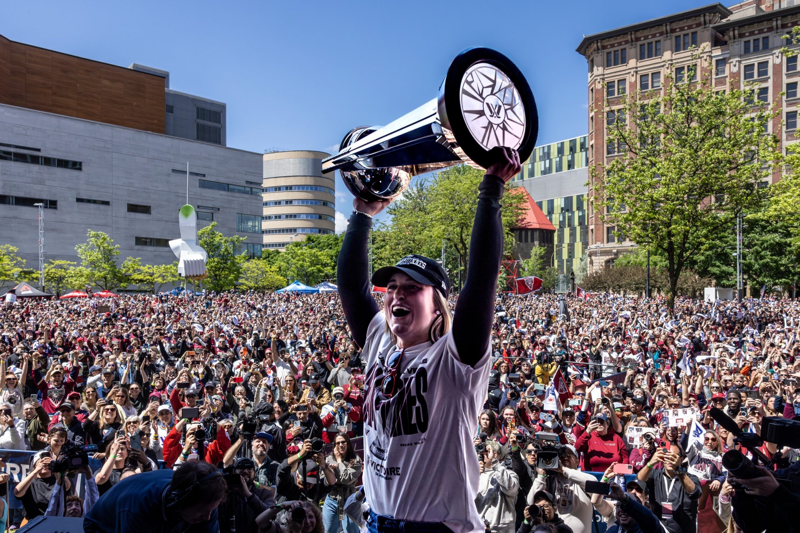 The Montreal Victoire celebrated their PWHL championship at Quartier des Spectacles in Montreal on Saturday May 30, 2026. Marie-Philip Poulin hoists the Walter Cup and turns to her teammates with the fans celebrating their championship win.