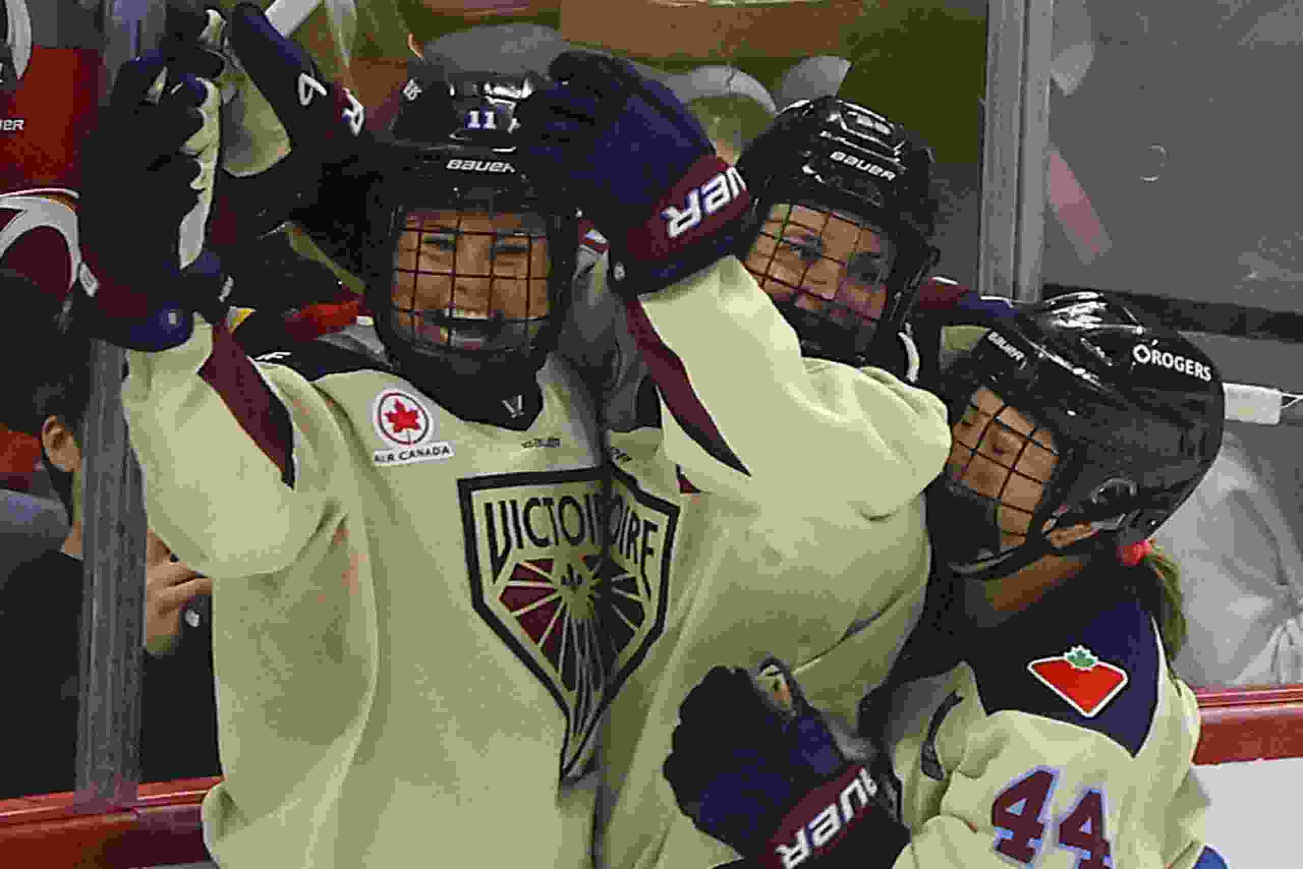 Abby Roque from the Montreal Victoire celebrates with her team after scoring on the Ottawa Charge during second period action at the Canadian Tire Centre in Ottawa Wednesday, May 20, 2026.
