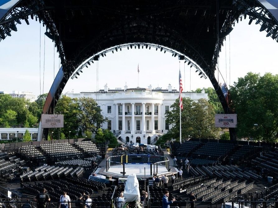 The structure, known as "The Claw," for the upcoming UFC fight that US President Donald Trump will host as part of the 250th anniversary of the United States is seen on the South Lawn of the White House during a media preview in Washington, DC, June 11, 2026. The Ultimate Fighting Championship (UFC) event will be held on US President Donald Trump's 80th birthday on June 14.
