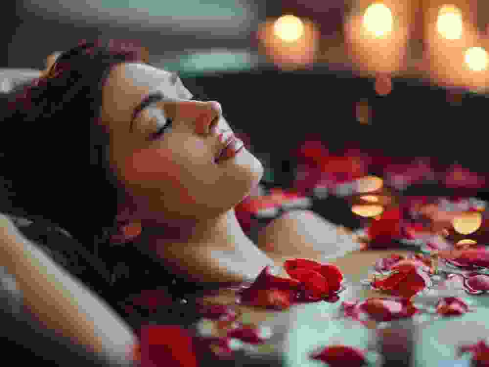 Closeup of beautiful sensual woman relaxing in black vintage style bathtub filled, with red rose petals floating on the surface. Valentin's Day pleasure