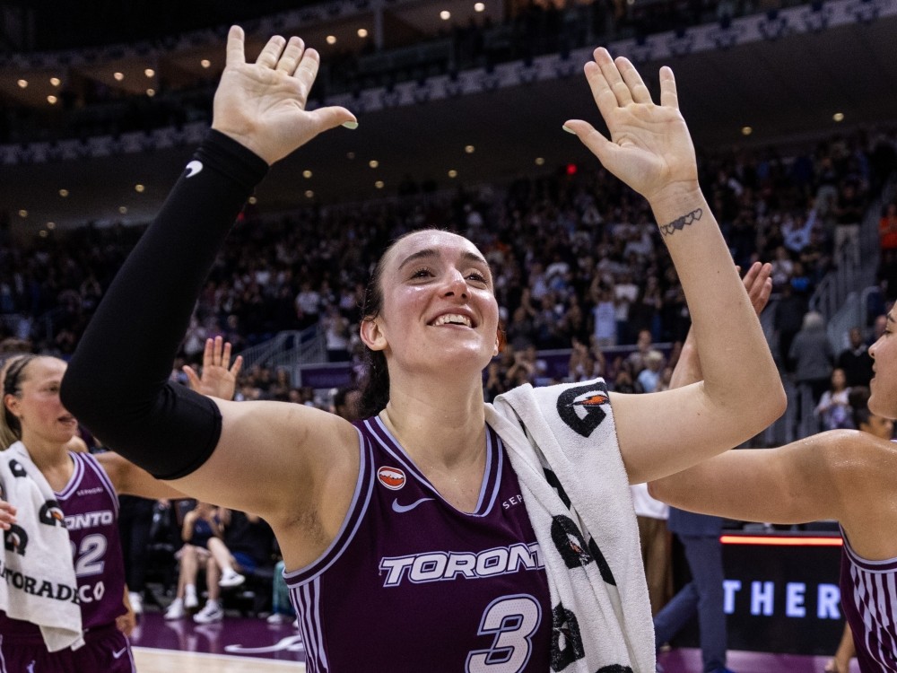 Marina Mabrey of the Toronto Tempo celebrates after a win against the Los Angeles Sparks and tying the WNBA single-game scoring record with 53 points earlier this year.