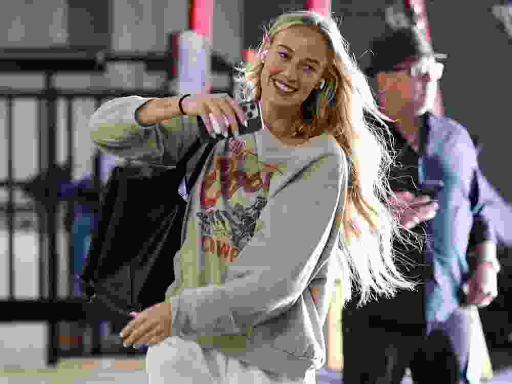 Sophie Cunningham of the Indiana Fever arrives at Michelob ULTRA Arena for a game against the Las Vegas Aces.