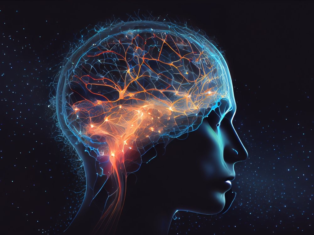 A human head with glowing neurons in the brain. Generative AI