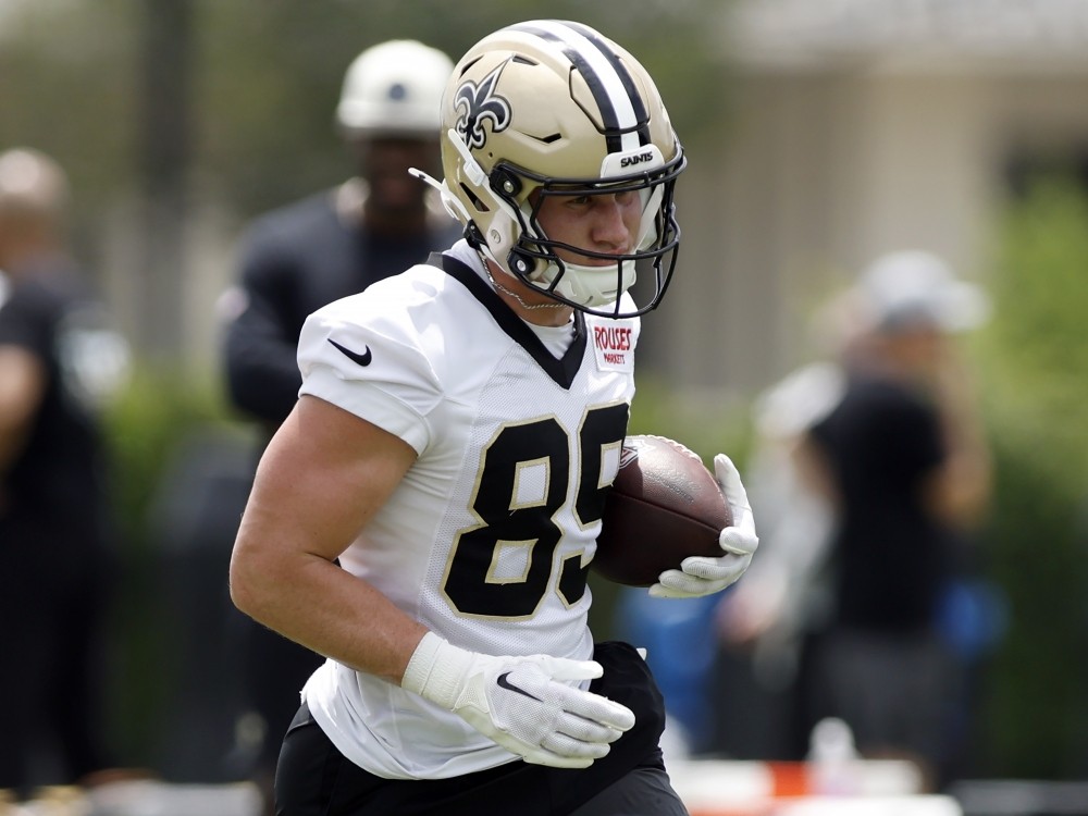 Brock Rechsteiner of the New Orleans Saints takes part in drills during mini camp earlier this year.