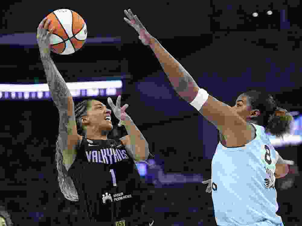 Gabby Williams of the Golden State Valkyries shoots over Nyara Sabally of the Toronto Tempo during a game earlier this month.
