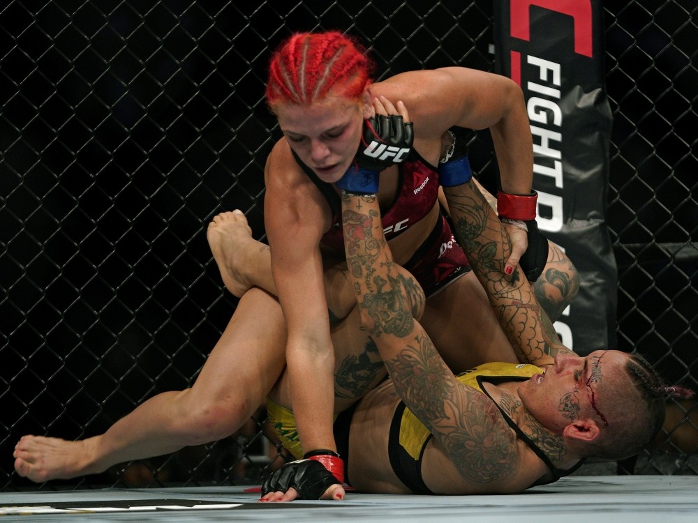 Gillian Robertson (top) defeated Sarah Frota by second-round TKO in a UFC Women's Flyweight Bout at UFC 240 in Edmonton in 2019.