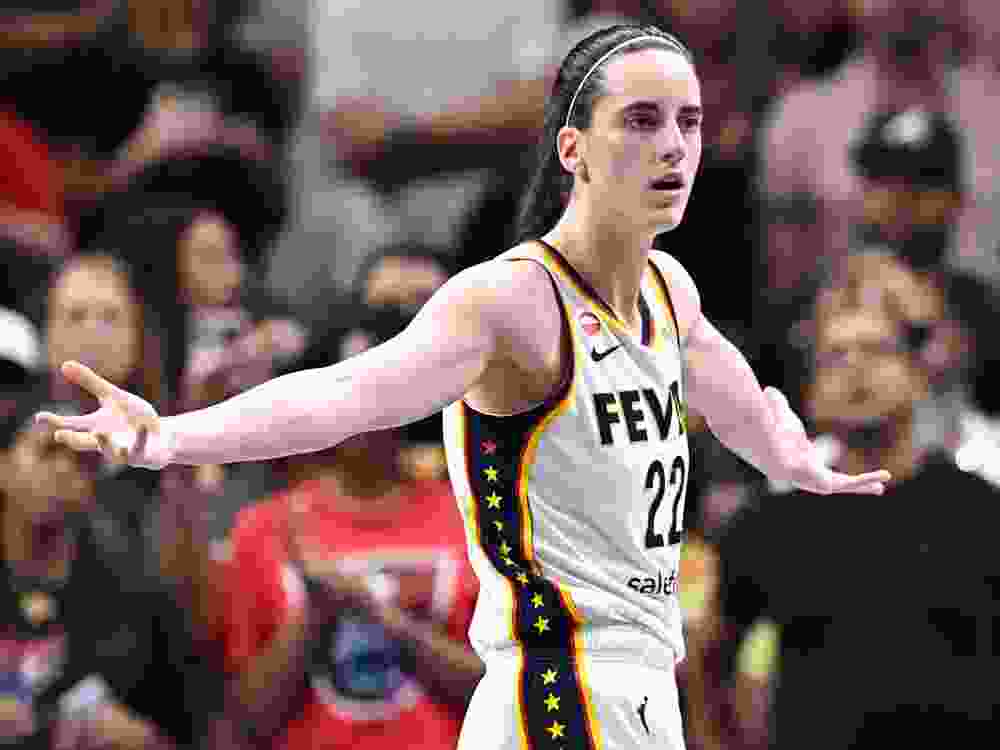 Caitlin Clark of the Indiana Fever against the Atlanta Dream during overtime at State Farm Arena.