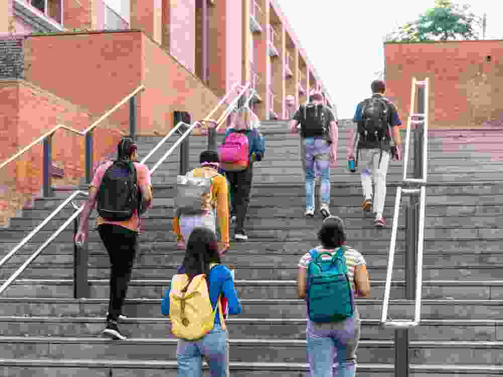 Diverse students walking up stairs on university campus