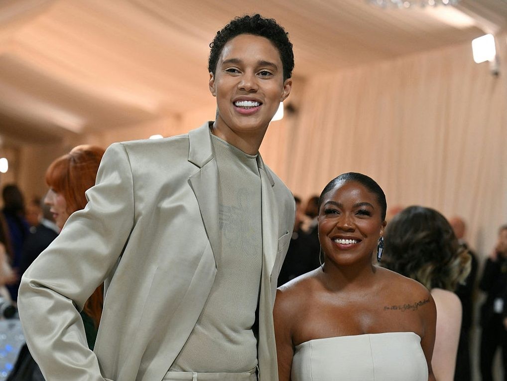 Pro-basketball player Brittney Griner and her wife Cherelle Griner arrive for the 2023 Met Gala at the Metropolitan Museum of Art on May 1, 2023, in New York.