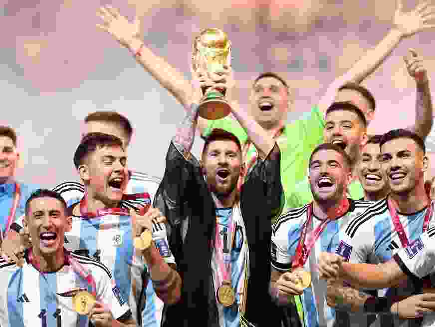 Lionel Messi of Argentina lifts the FIFA World Cup Qatar 2022 Winner's Trophy during the FIFA World Cup Qatar 2022 Final.