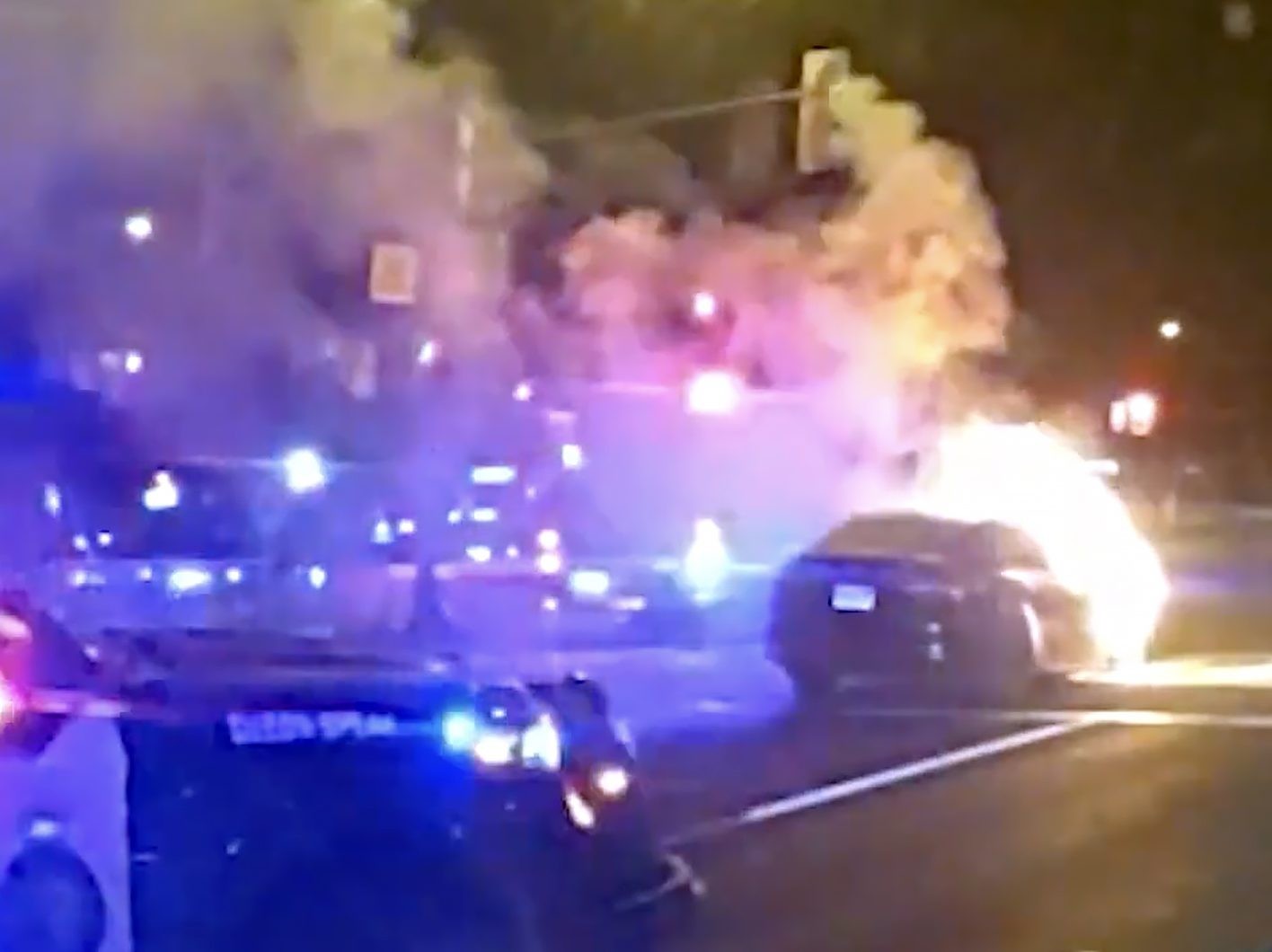 A car goes up in flames after York Regional Police arrested the driver on suspicion of impaired driving.