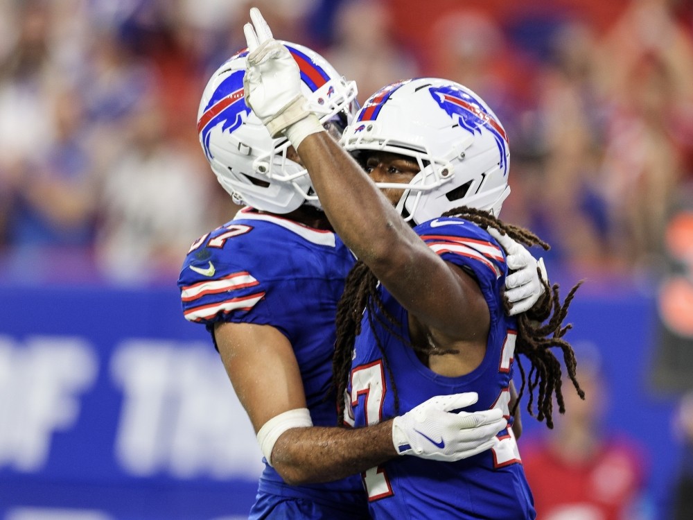 Dante Pettis of the Buffalo Bills celebrates after a touchdown during pre-season action.