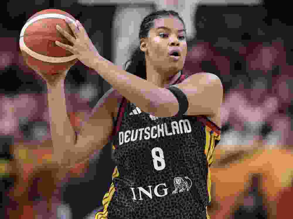 Germany power forward Nyara Sabally holds the ball during the FIBA Women's Basketball World Cup quarterfinal match against Belgium.