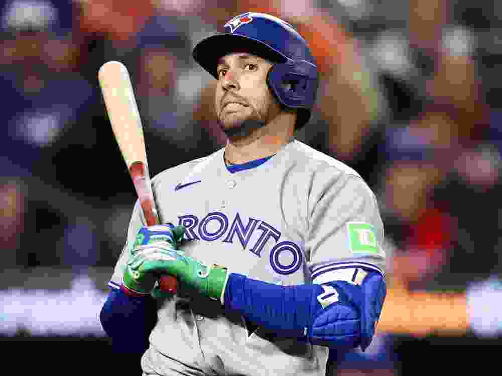 George Springer of the Toronto Blue Jays reacts during an at bat in the eighth inning against the Baltimore Orioles.
