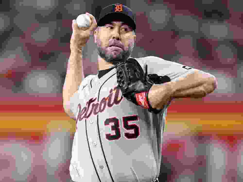Justin Verlander of the Detroit Tigers pitches against the Arizona Diamondbacks during the first inning of the home opener at Chase Field on March 30, 2026.