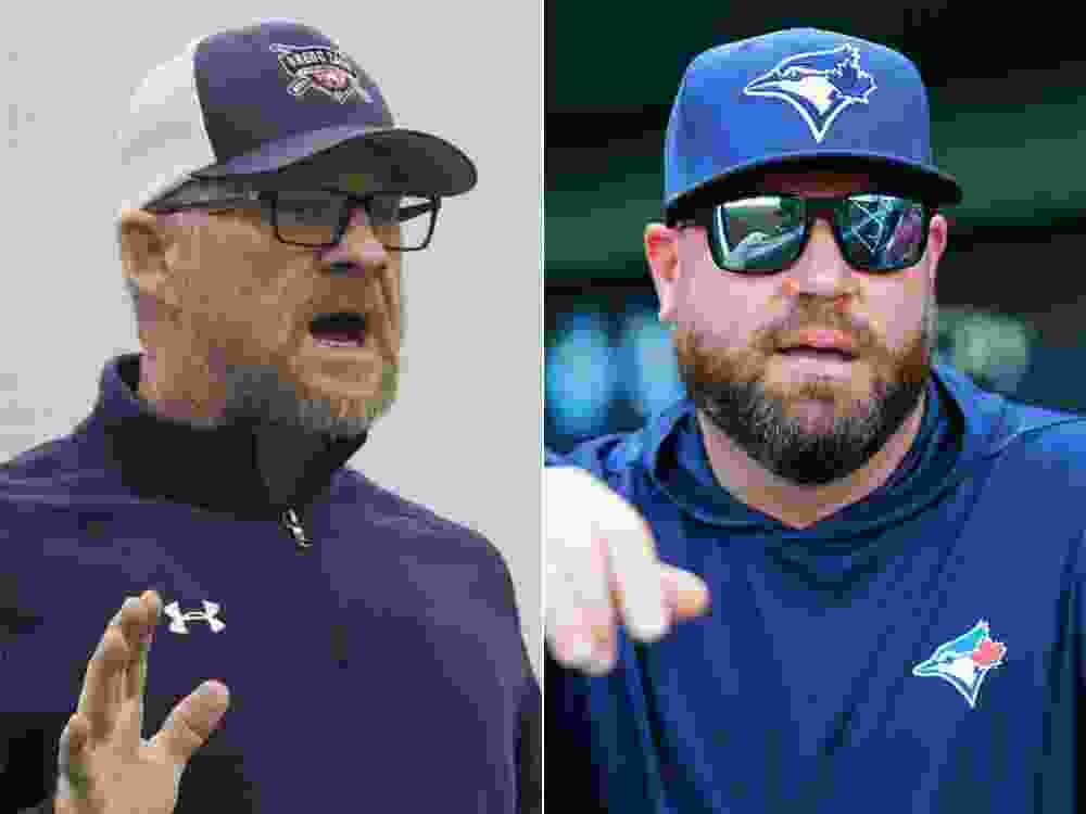 Former Blue Jays catcher Gregg Zaun (left) and current manager John Schneider.