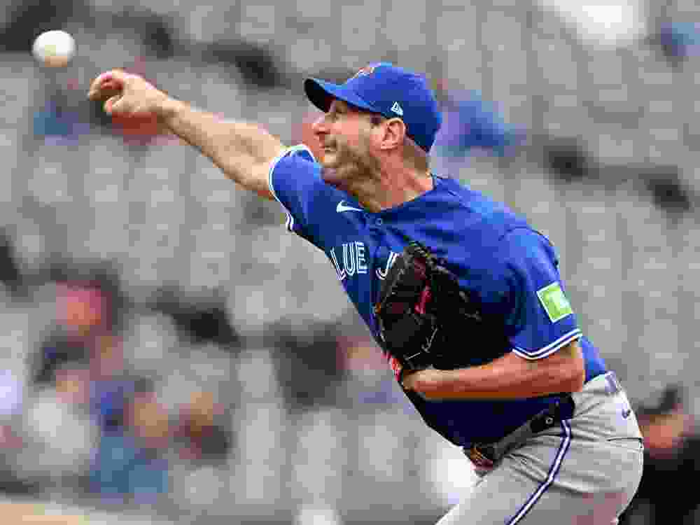 Max Scherzer of the Toronto Blue Jays pitches in the first inning of his 500th career MLB game during game 1 of a double header against the Baltimore Orioles.