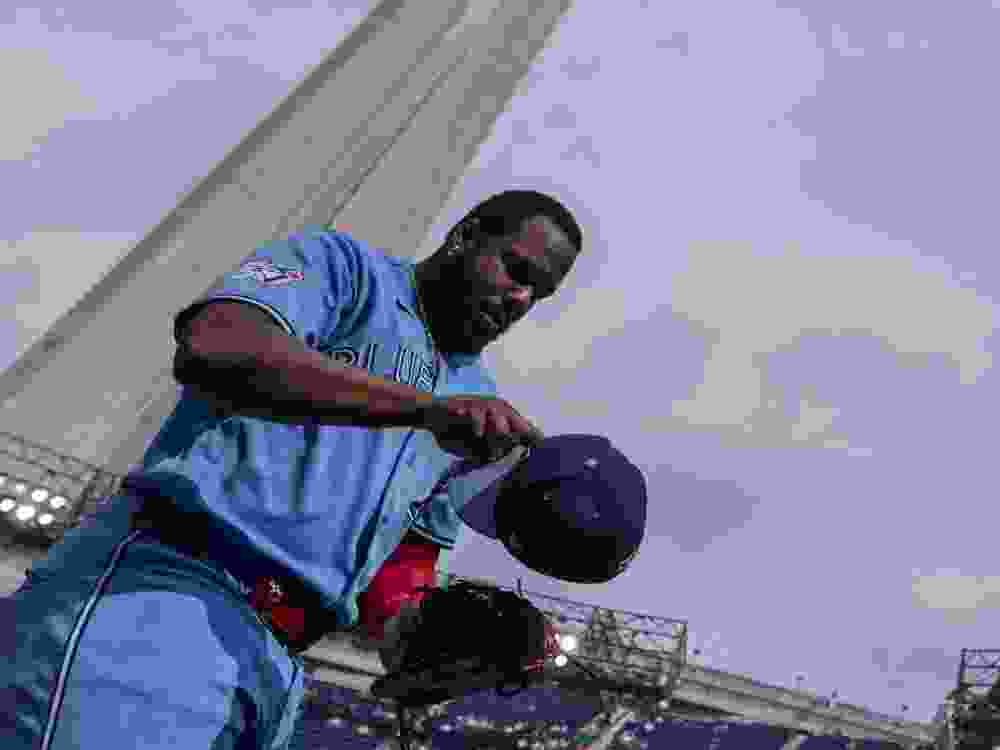 First baseman Vladimir Guerrero Jr. of the Toronto Blue Jays returns to the dugout after warming up before playing the Detroit Tigers at Rogers Centre.