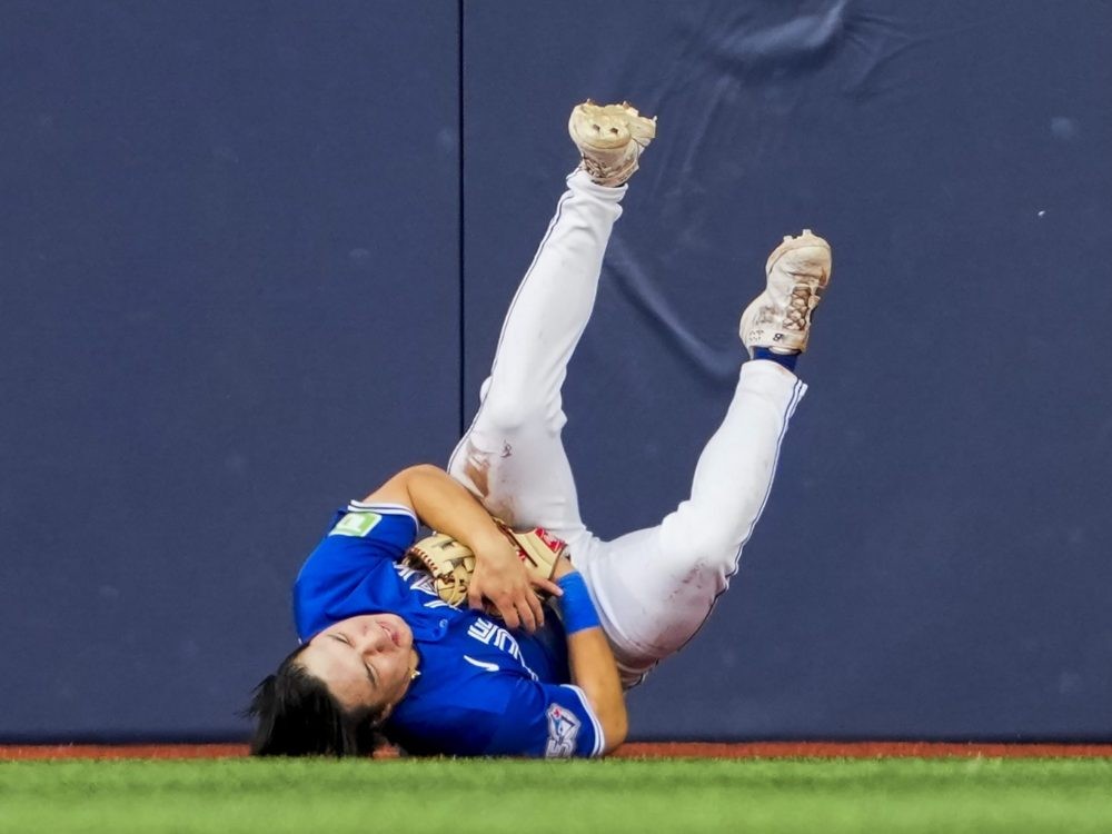 Brett Bateman of the Toronto Blue Jays falls