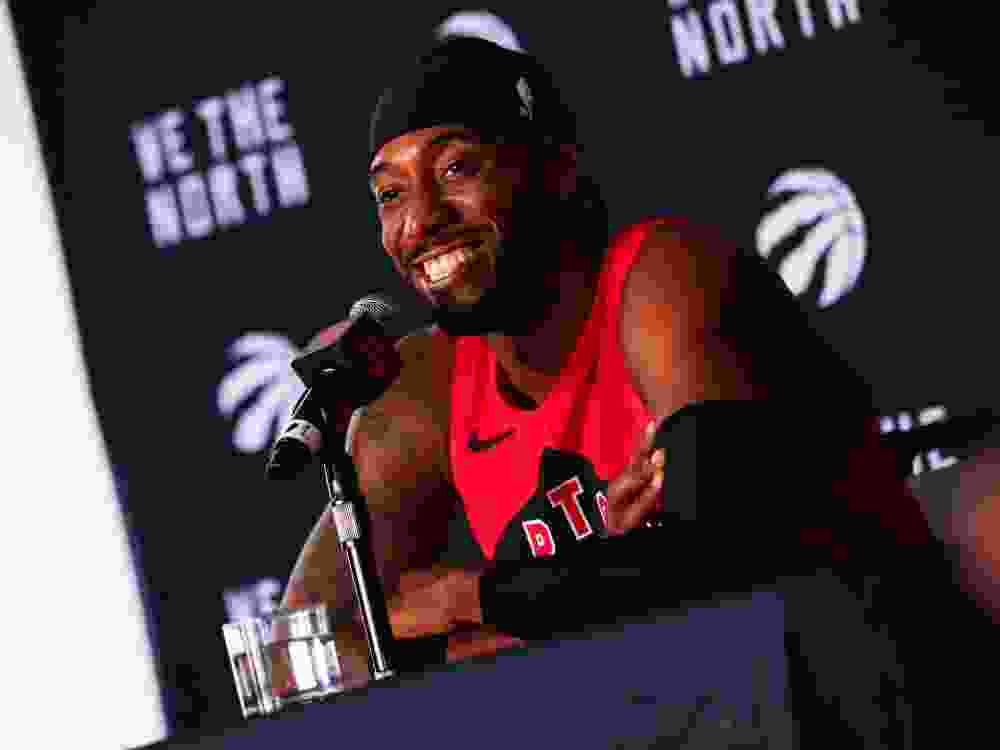 Kawhi Leonard of the Toronto Raptors speaks to media during the media day at Hotel X.